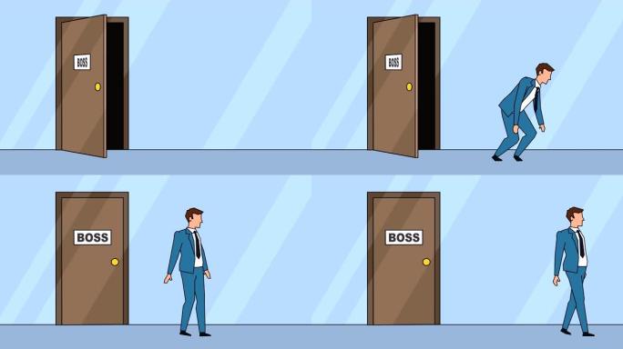 平面卡通商人角色愤怒的老板踢门商业概念动画