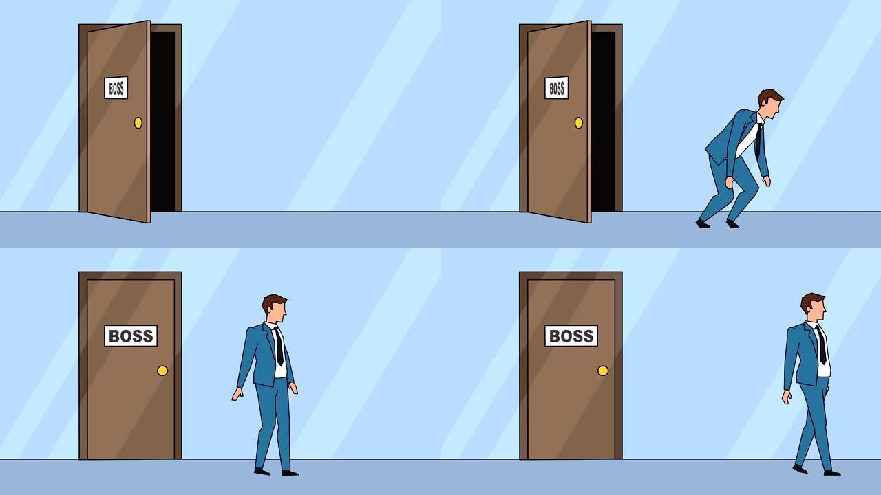 平面卡通商人角色愤怒的老板踢门商业概念动画