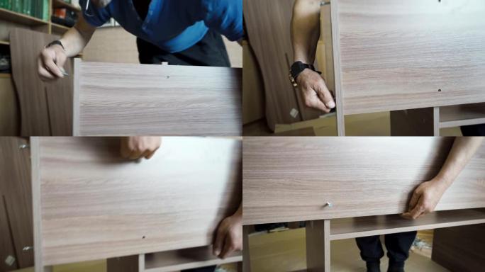 工人用螺丝刀和特殊螺钉组装并扭转木桌