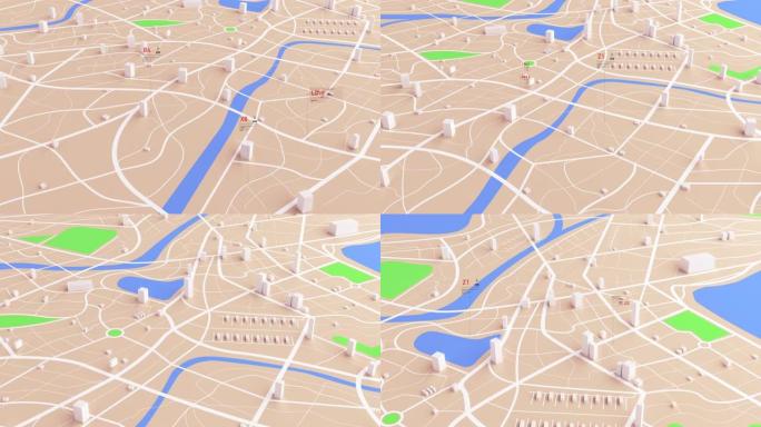 具有未来派HUD GUI数字文本数字元素的gps导航地图的鸟瞰图，用于网络技术概念的深色和谷物处理