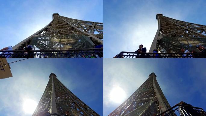 巴黎埃菲尔铁塔的过度消失，游客可以在顶部室外露台阳台上看到全景