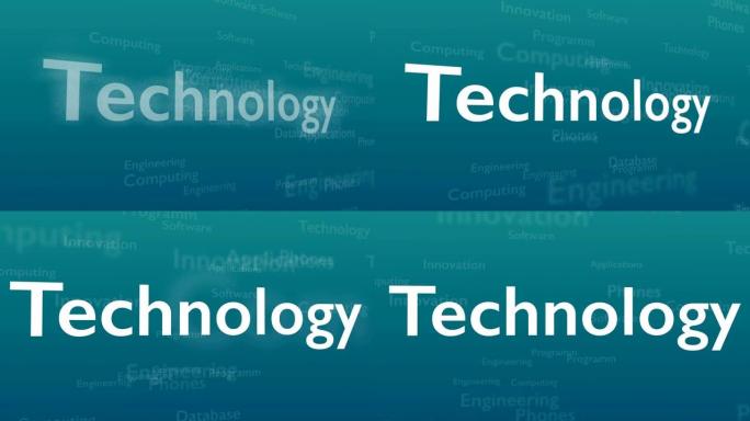 浅蓝色背景，带有不同的单词，涉及技术。特写。复制空间。3D。动画。4K。