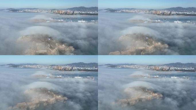 航拍威海高区小石岛港湾上空的平流雾