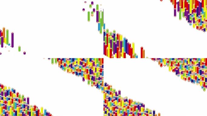 铅笔条3D虚拟等距洗牌波形图案，教育或商务文具概念设计插图白色背景动画4K，带复制空间
