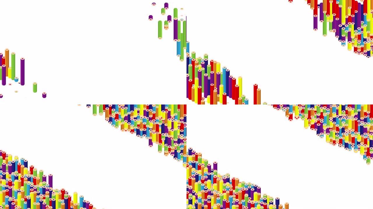 铅笔条3D虚拟等距洗牌波形图案，教育或商务文具概念设计插图白色背景动画4K，带复制空间
