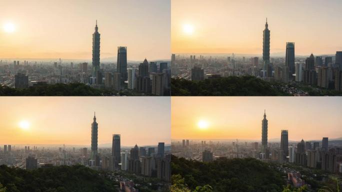日落鸟瞰建筑城市台北，台湾