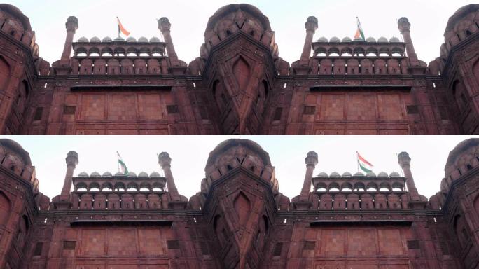 印度国旗在旧德里红堡飘扬的低角度视图-4K 60p