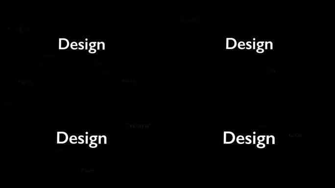 黑色背景，带有不同的单词，涉及设计。特写。复制空间。3D。动画。4K。