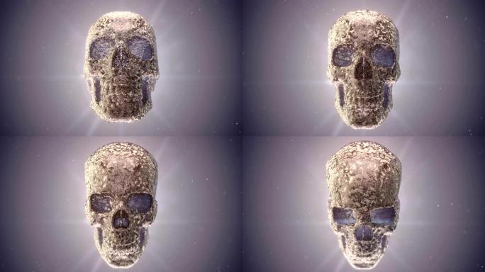 计算机生成的生长金属丝头骨被轻雾包围的抽象动画。动态效应。几何现代图案。3d渲染。4K，超高清分辨率