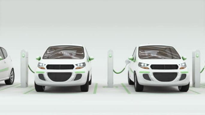 为白色背景的现代电动汽车充电概念。电动汽车排行停放的循环动画。