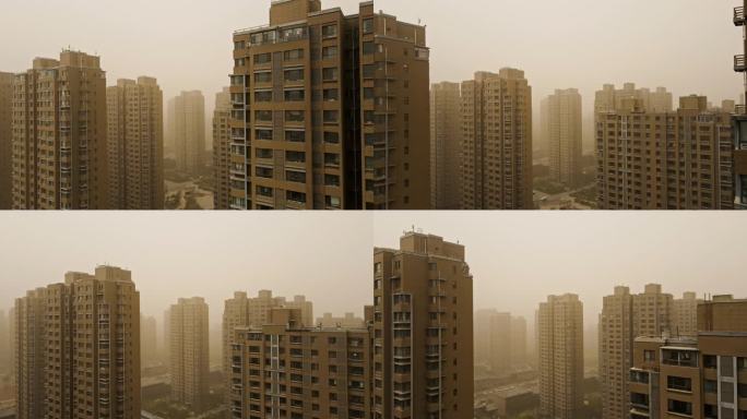 城市建筑-沙尘暴中的高层住宅楼