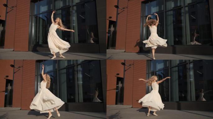 穿着飞行礼服的芭蕾舞演员在城市的街道上跳舞。