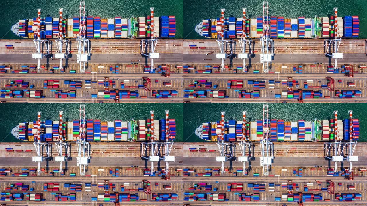 深海港集装箱船装卸，远海集装箱船物流进出口运输业务的空中俯视图。