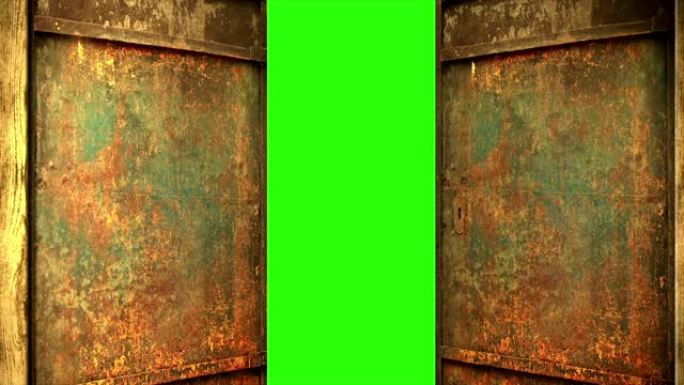 动画-金属生锈的门打开到绿色屏幕背景