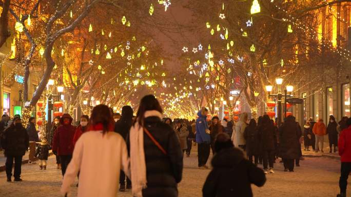 中国哈尔滨中央大街下雪固定镜头