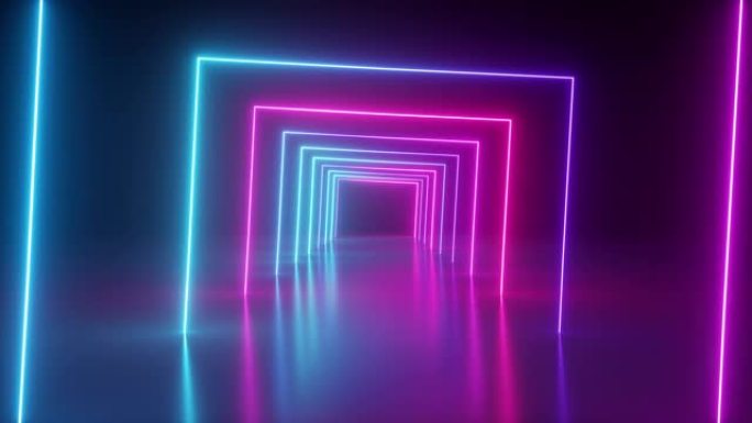 围绕霓虹灯隧道旋转，蓝色粉色光线，移动时尚讲台，抽象背景，旋转框架，虚拟现实，发光线条，无缝动画