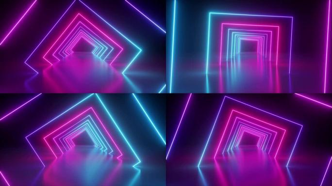 围绕霓虹灯隧道旋转，蓝色粉色光线，移动时尚讲台，抽象背景，旋转框架，虚拟现实，发光线条，无缝动画