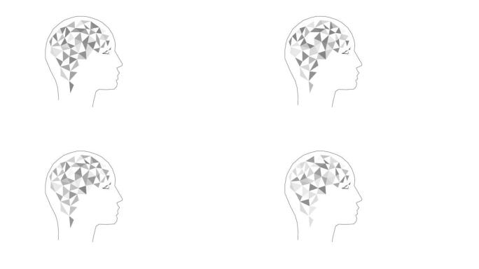 人的思维概念，思维过程的可视化。多边形头部和大脑的轮廓。三角形的多边形动画。黑白相间。低聚。