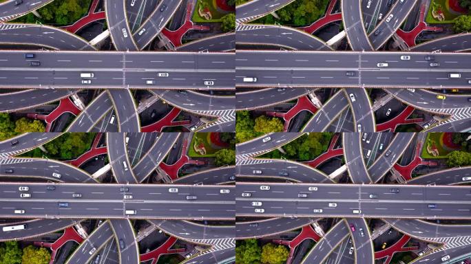 高速公路交叉口形状字母x十字的鸟瞰图。交通概念中的桥梁、道路或有树的街道。中国上海市城市建筑结构形状