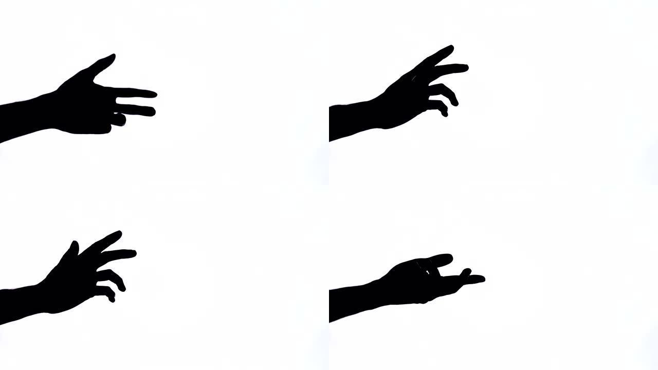 男人的手的特写演示视频显示了一个象征混乱的手势。怀疑和不确定性。黑白镜头，孤立