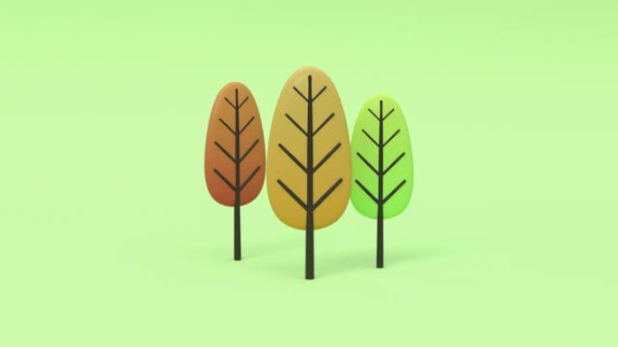 3d渲染抽象运动绿色场景秋季七彩树卡通风格