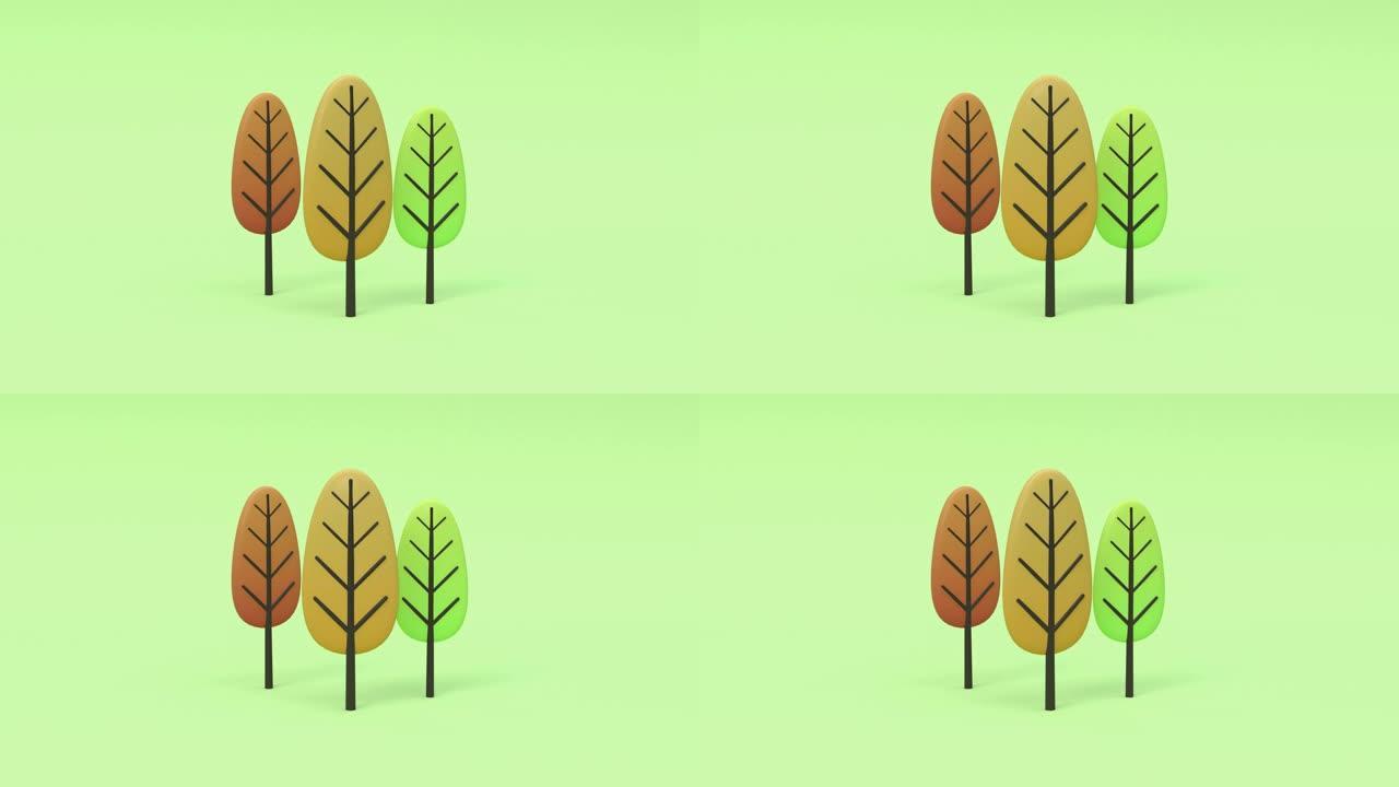 3d渲染抽象运动绿色场景秋季七彩树卡通风格