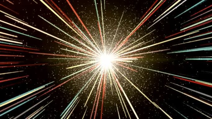 太空爆炸中的星暴射线带有线条和闪光灯。相机晃动。