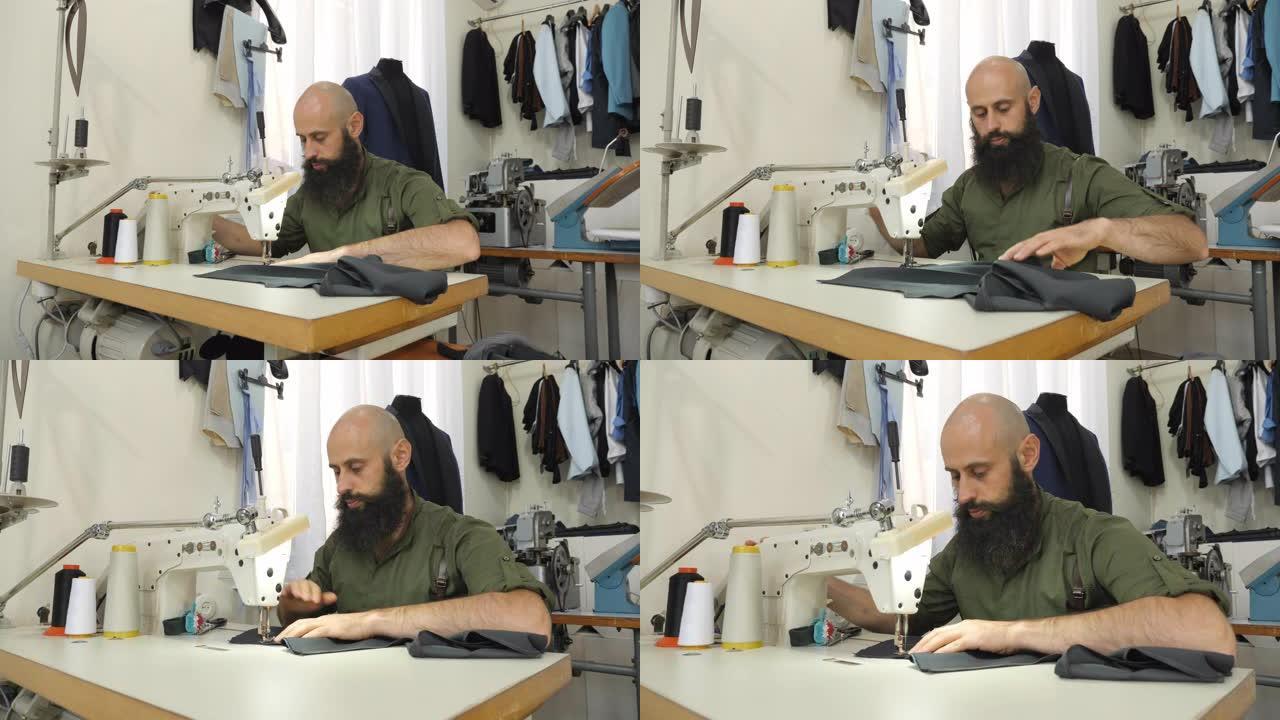 男人用缝纫机缝纫