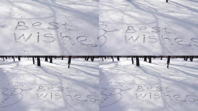 铭文在雪地上致以最良好的祝愿。冬天拍摄。