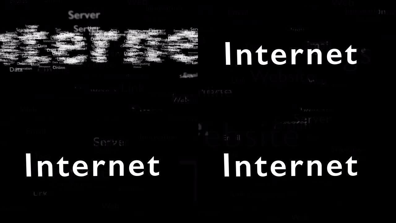 黑色背景，带有不同的单词，用于处理互联网。特写。复制空间。3D。动画。