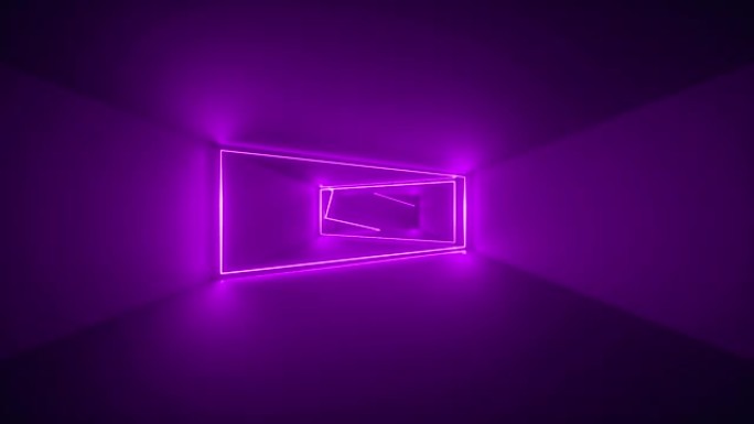 飞行通过无尽的走廊，紫色霓虹灯，发光线，紫外线，紫色框架，抽象霓虹灯背景，虚拟现实界面，在隧道内移动