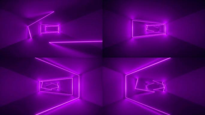 飞行通过无尽的走廊，紫色霓虹灯，发光线，紫外线，紫色框架，抽象霓虹灯背景，虚拟现实界面，在隧道内移动