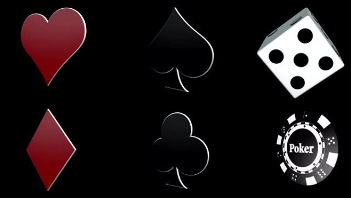 法国卡片符号，扑克筹码和骰子，动画，阿尔法通道，循环