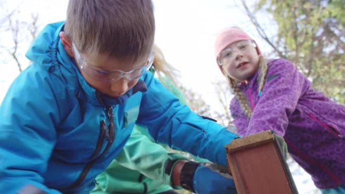男孩切掉他与同学在大自然中制作的木箱的一角