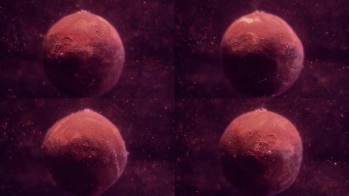 现实的棕红色行星绕其轴旋转。数以百万计的尘埃颗粒在太空中闪烁并平稳飞行。星星闪闪发光。