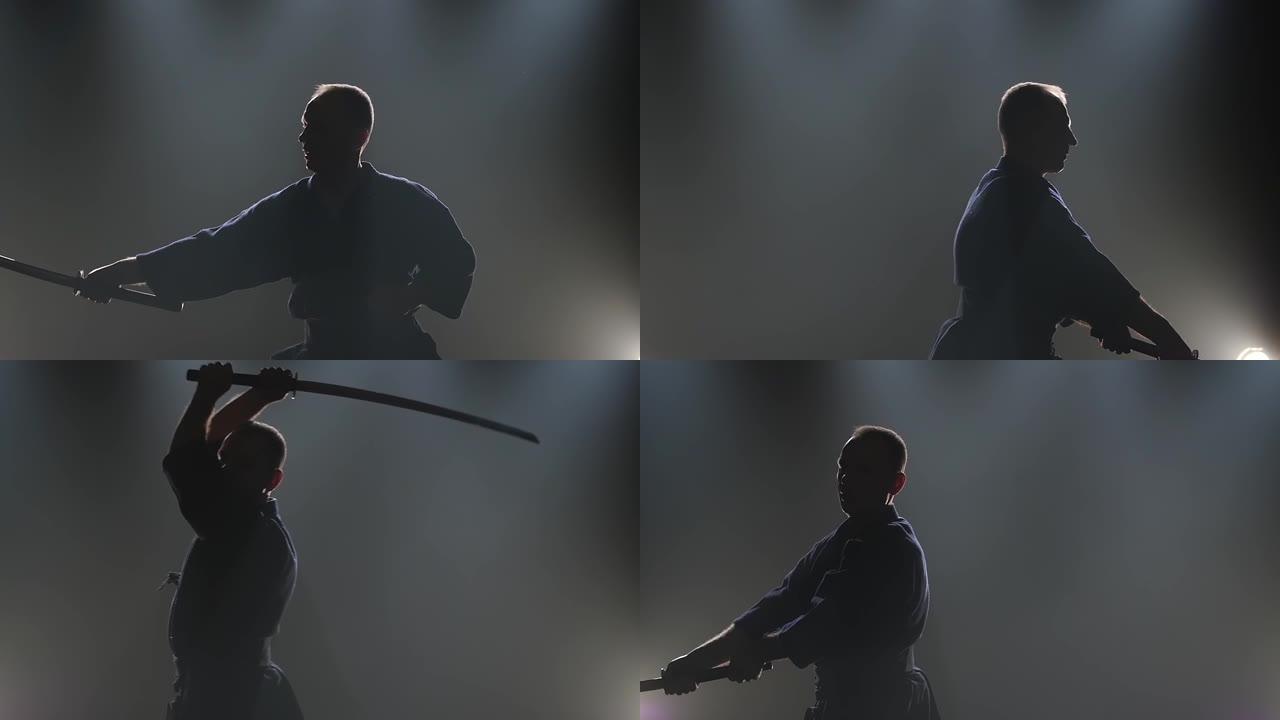 熟练的剑道大师用武士刀练习武术。慢动作