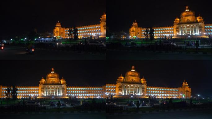 夜晚的时间照亮了班加罗尔城著名的宫殿交通街道全景4k印度