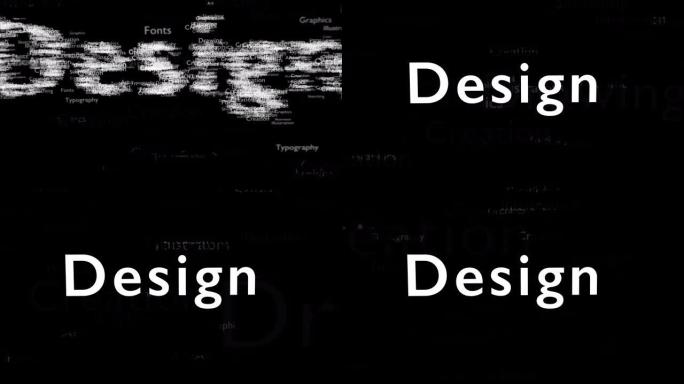 黑色背景，带有不同的单词，涉及设计。特写。复制空间。3D。动画。4K。