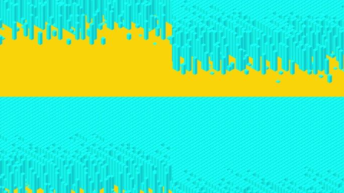 立方体盒子方条3D虚拟等距洗牌波形，区块链技术概念设计插图蓝色黄色背景动画4K，带复制空间