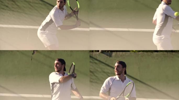 男子在硬地球场打网球