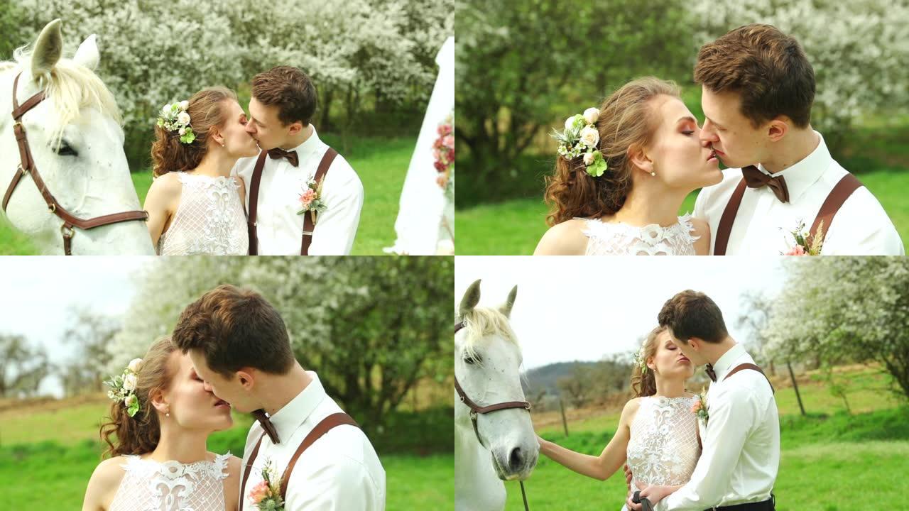 新娘和新郎抱着白马，抚摸着他们的头，并在大自然中制作婚礼帐篷。
