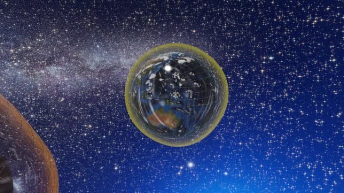 地球和月球被能量屏蔽气泡包围，背景为星系和恒星