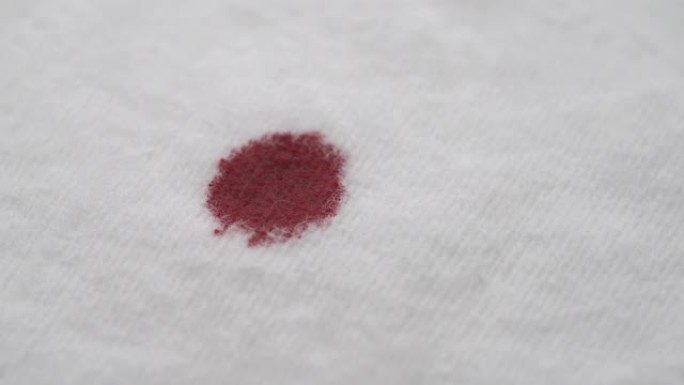血滴掉到棉布上的特写演示视频。孤立，在白色背景上