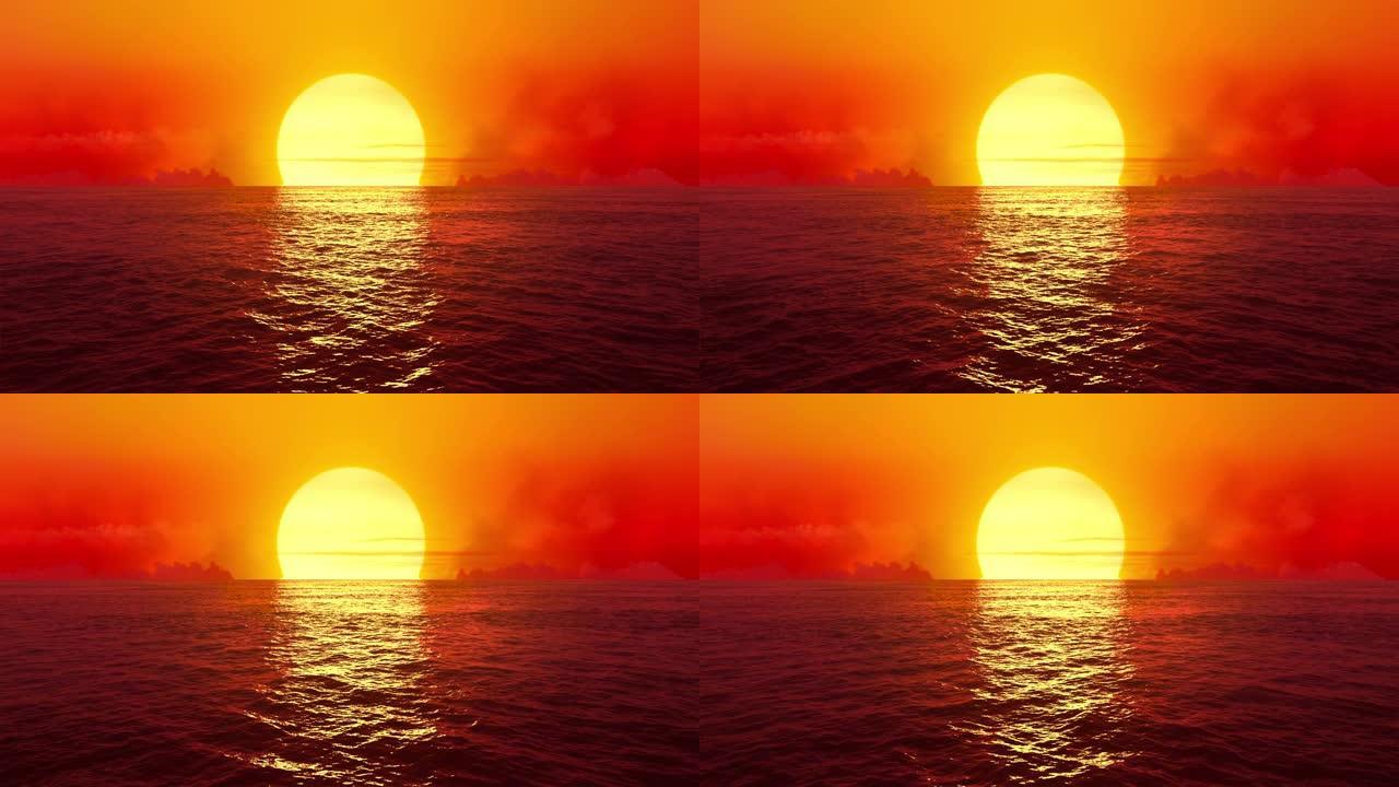 梦幻日落时在海洋上无缝循环飞行。