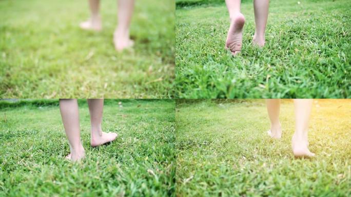 女孩赤脚走在绿草地上，阳光照射，慢动作。
