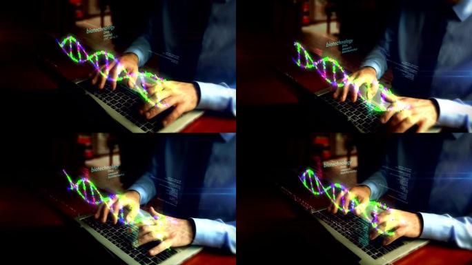 用生物技术和DNA螺旋全息图在键盘上打字的人