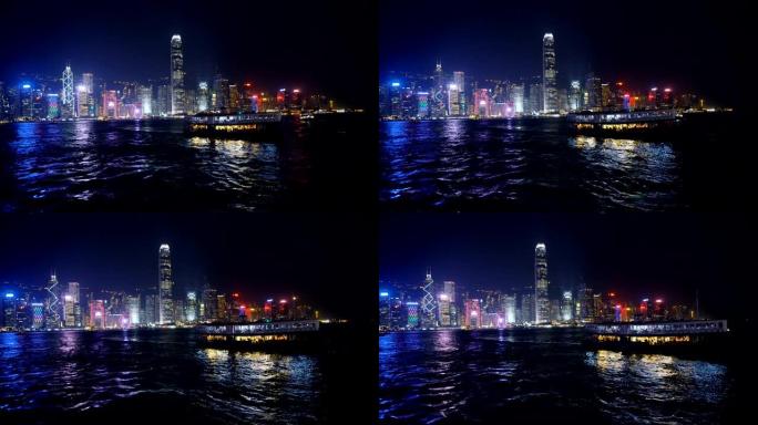 天星小轮进入海港的香港岛夜间天际线