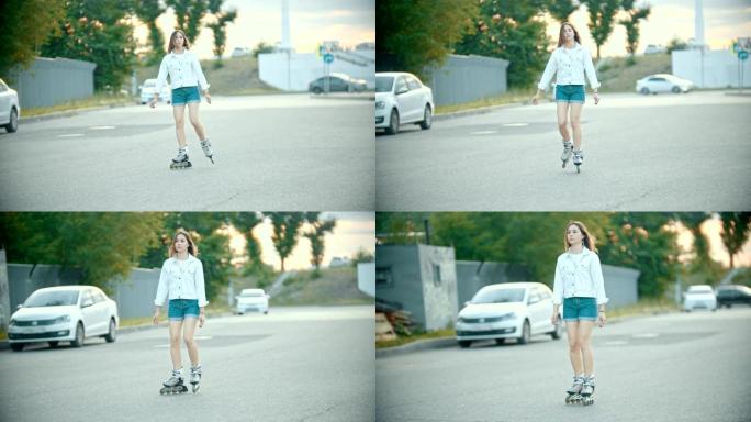 一个害羞的少女穿着旱冰鞋在路上滑冰