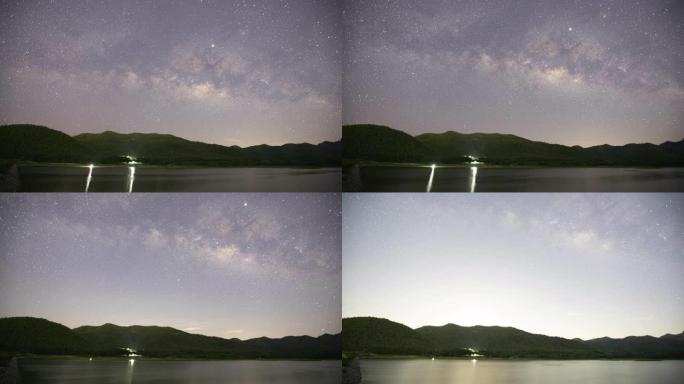 星星的时间流逝，反射星星和天空的湖