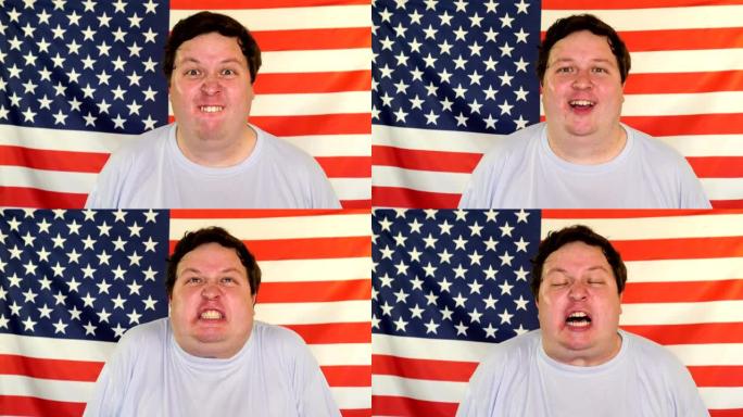 胖子在美国国旗的背景下做鬼脸的肖像